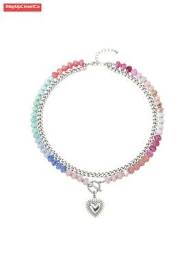 Boho Rainbow Beaded Heart Pendant Necklace Double Layer Cuban Chain Statement